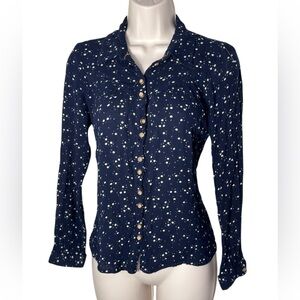 Anthropologie Maeve Long-Sleeve white floral  Blouse Top Navy Blue size 8P